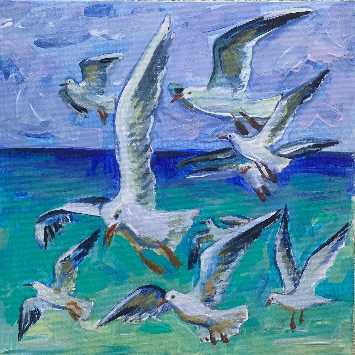 Impressionistic Animal Acrylic Painting By Olga Pascari, 10 X 10", Flying Birds, Original Artwork