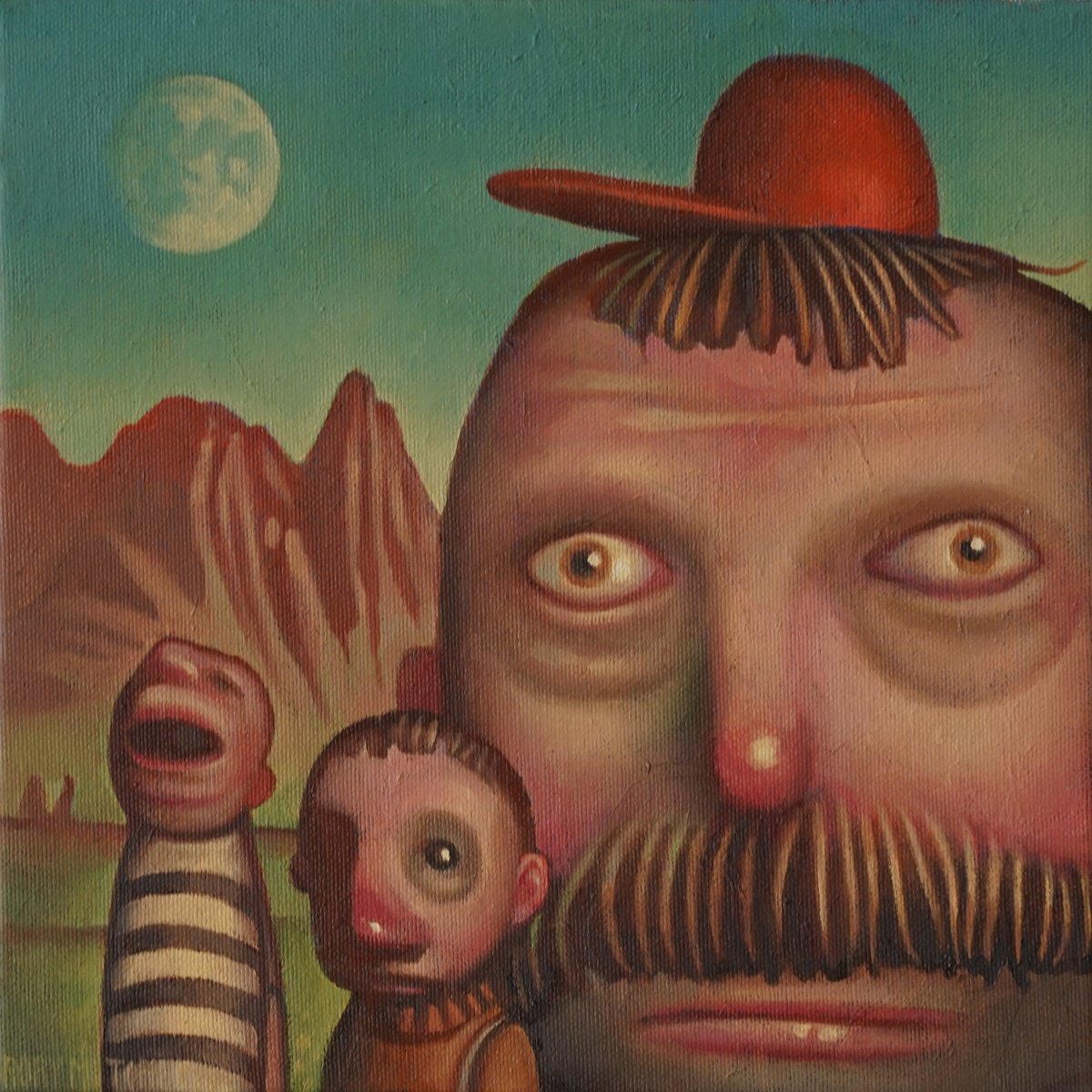 Naive Portrait Oil Painting By Rory Mitchell, 10 X 10", Where The Animals Shit, Original Artwork