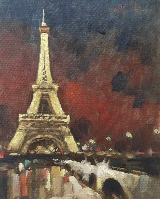 Original Oil Painting Wall Art Signed unframed Hand Made Jixiang Dong Canvas 25cm × 20cm Cityscape Goodnight Paris Small Impressionism Impasto