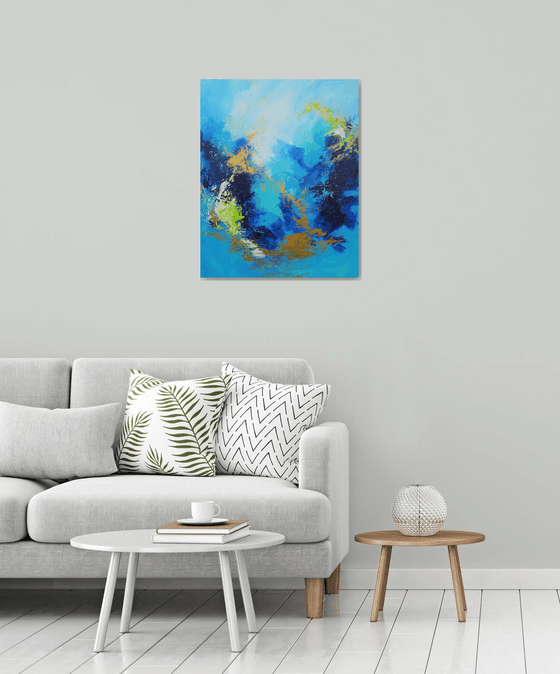 Large Blue and Gold Contemporary Abstract Seascape Painting # 810-61. Textured Landscape