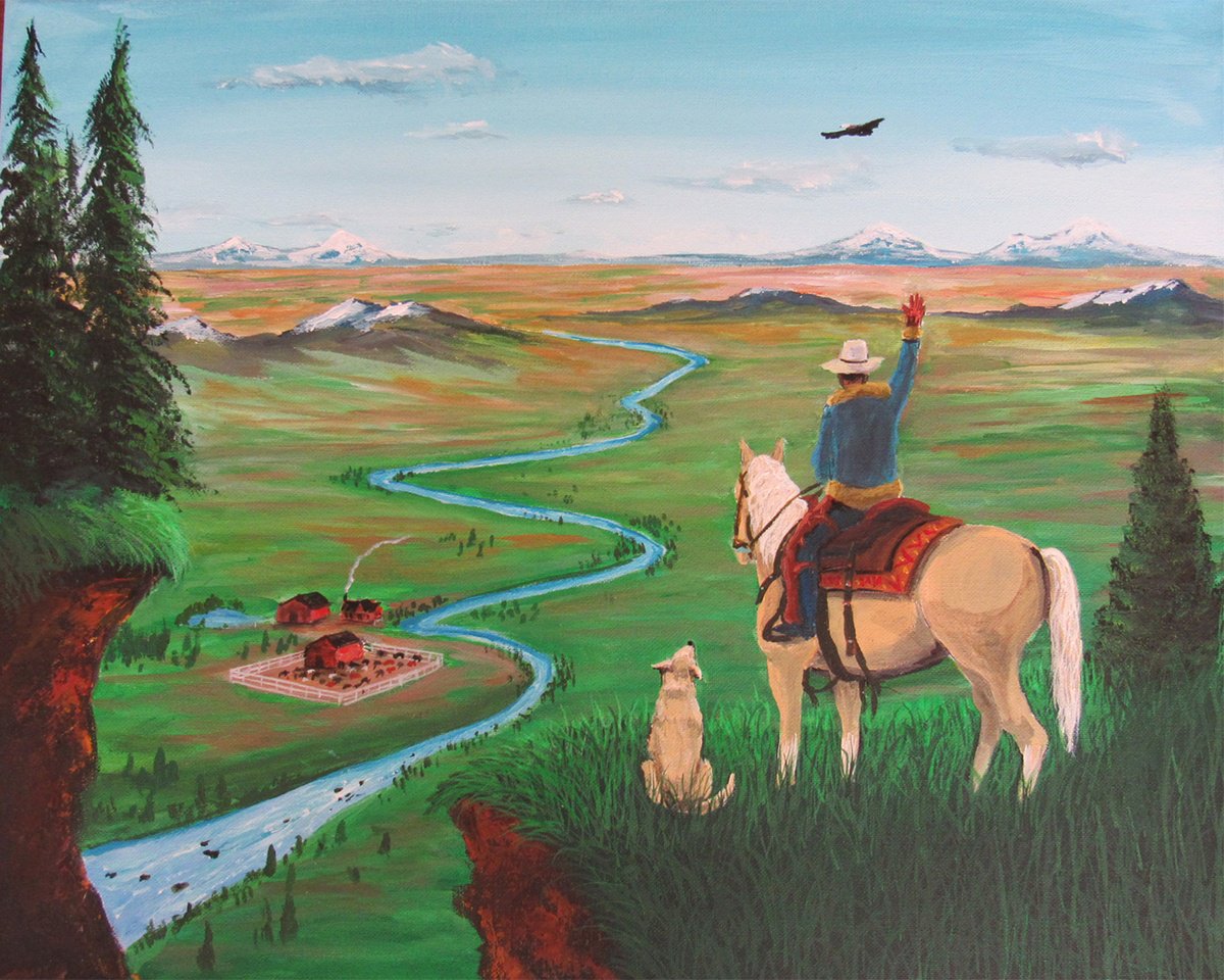 Landscape Acrylic Painting By William F. Adams, 20 X 16", Cowboy Worship!, Original Artwork