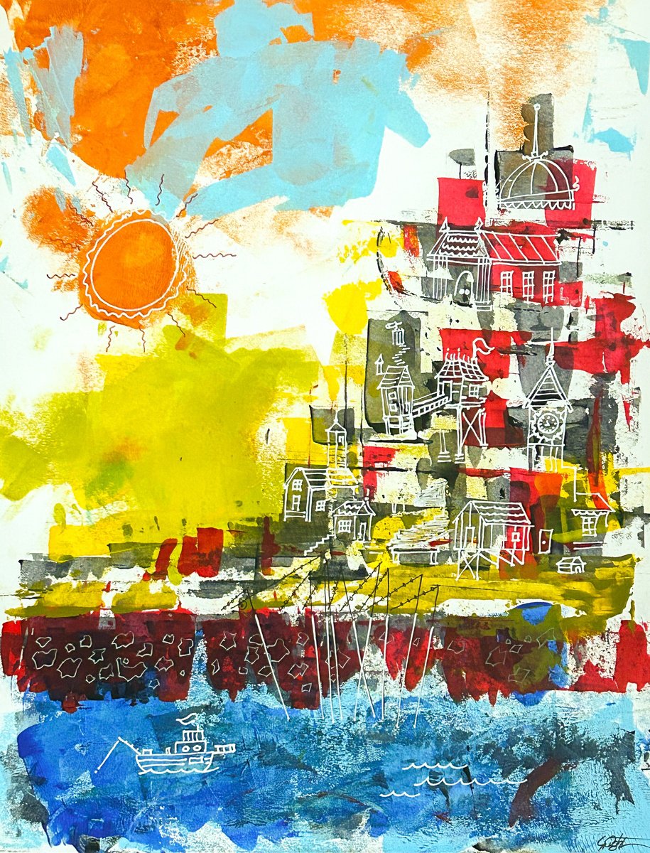 Expressive Landscape Acrylic Painting By Deke Wightman, 9 X 12, Fishing Village, Original Artwork