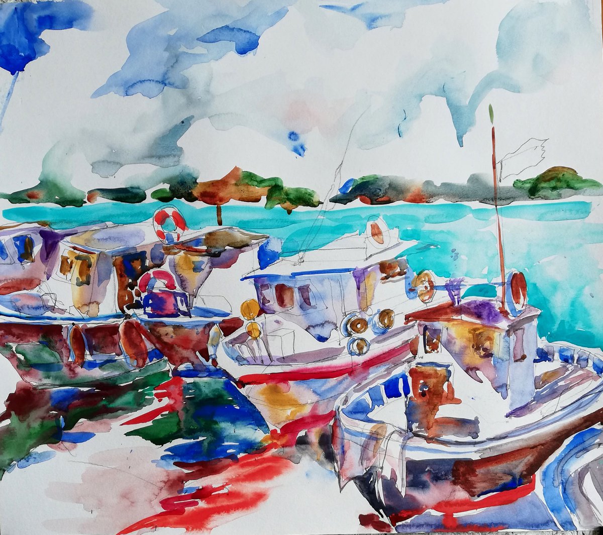 Impressionistic Landscape Watercolour By Jelena Djokic, 17 X 15, Greek Harbor, Original Artwork