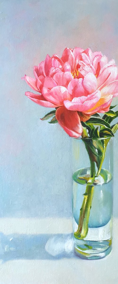 "Coral flashes. " peonies  flower  liGHt original painting  GIFT (2021) by Anna Bessonova (Kotelnik)