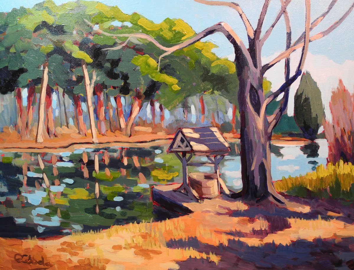 Impressionistic Landscape Acrylic Painting By Edward Abela, 24 X 18, The Wishing Well, Original Artwork