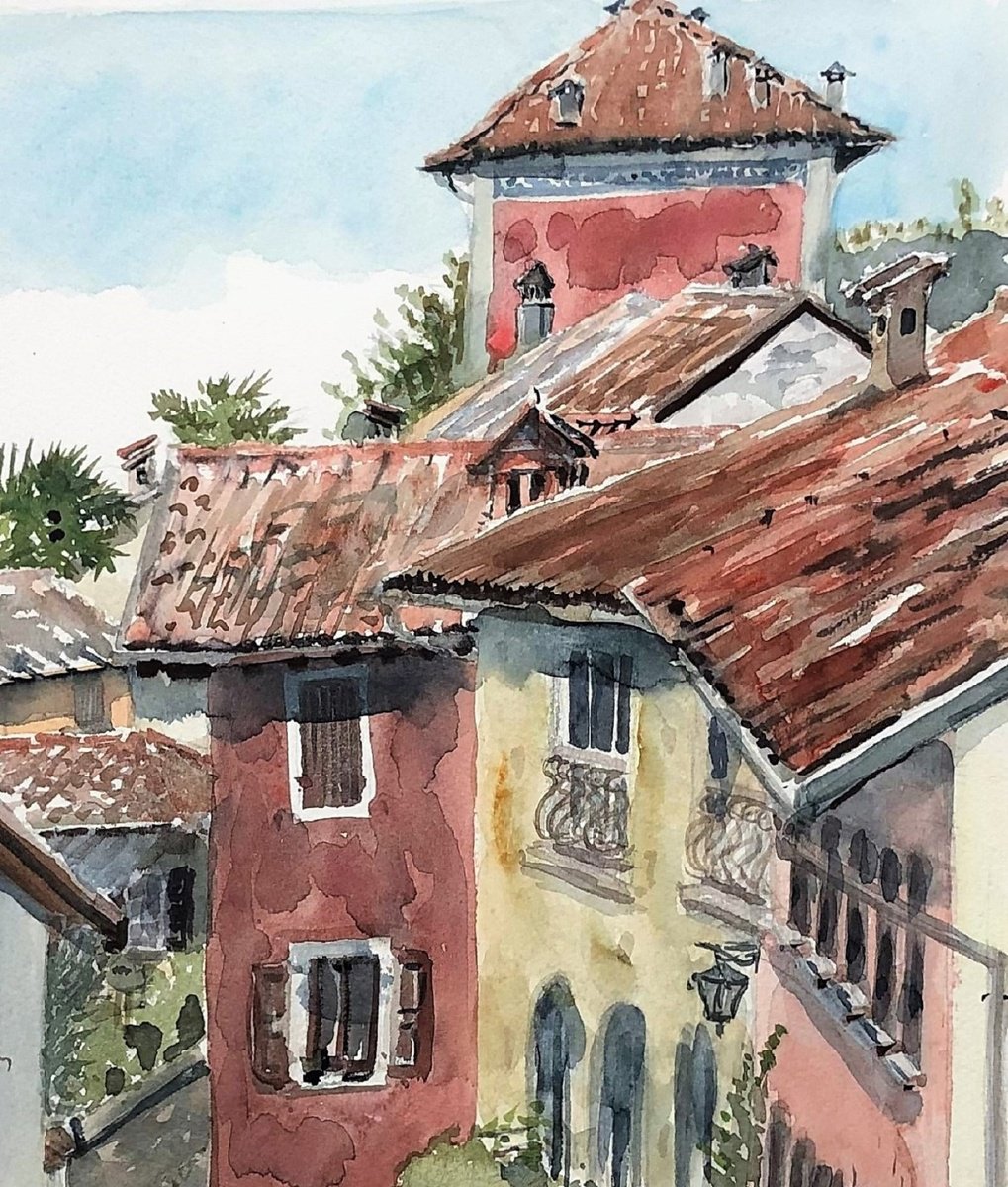 Impressionistic Watercolour , Houses In Gardone, Lake Garda By Morag Paul, 16 X 24, Artwork For Sale On Artfinder