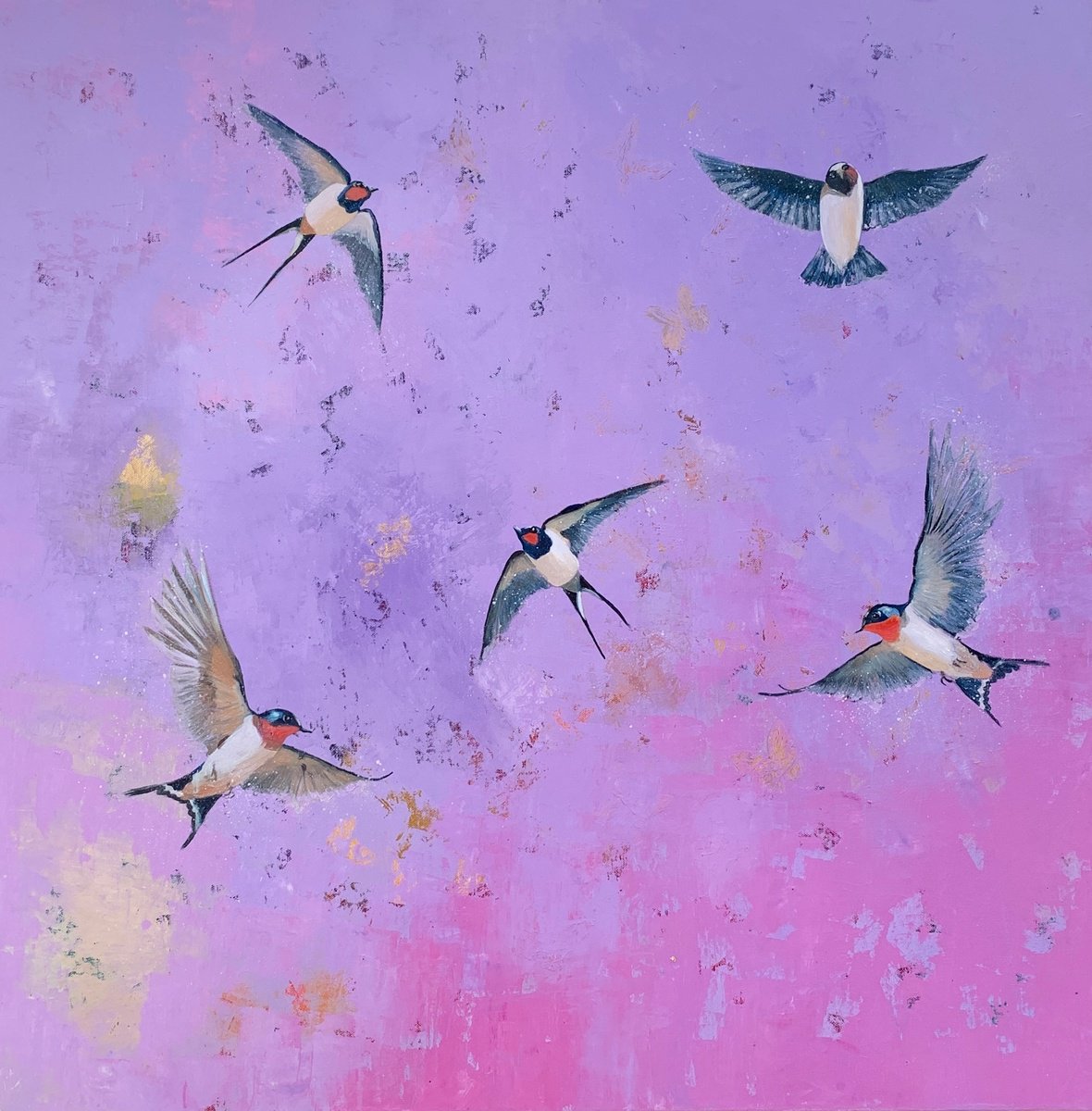 Expressive Animal Painting By Laure Bury, 31 X 31", Swallows And Butterflies, Original Artwork