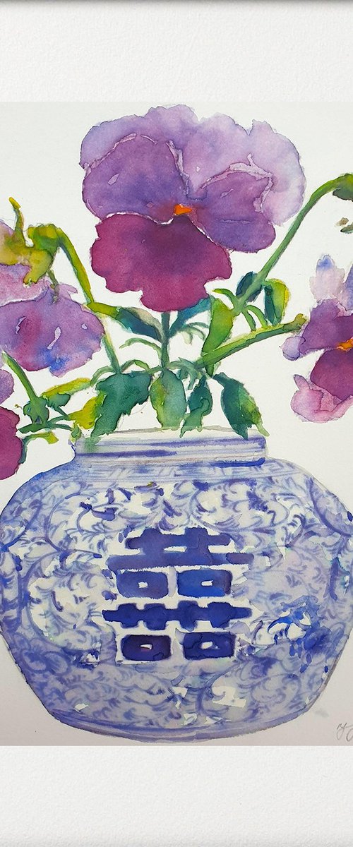 Purple pansies in a blue & white vase by Teresa Tanner