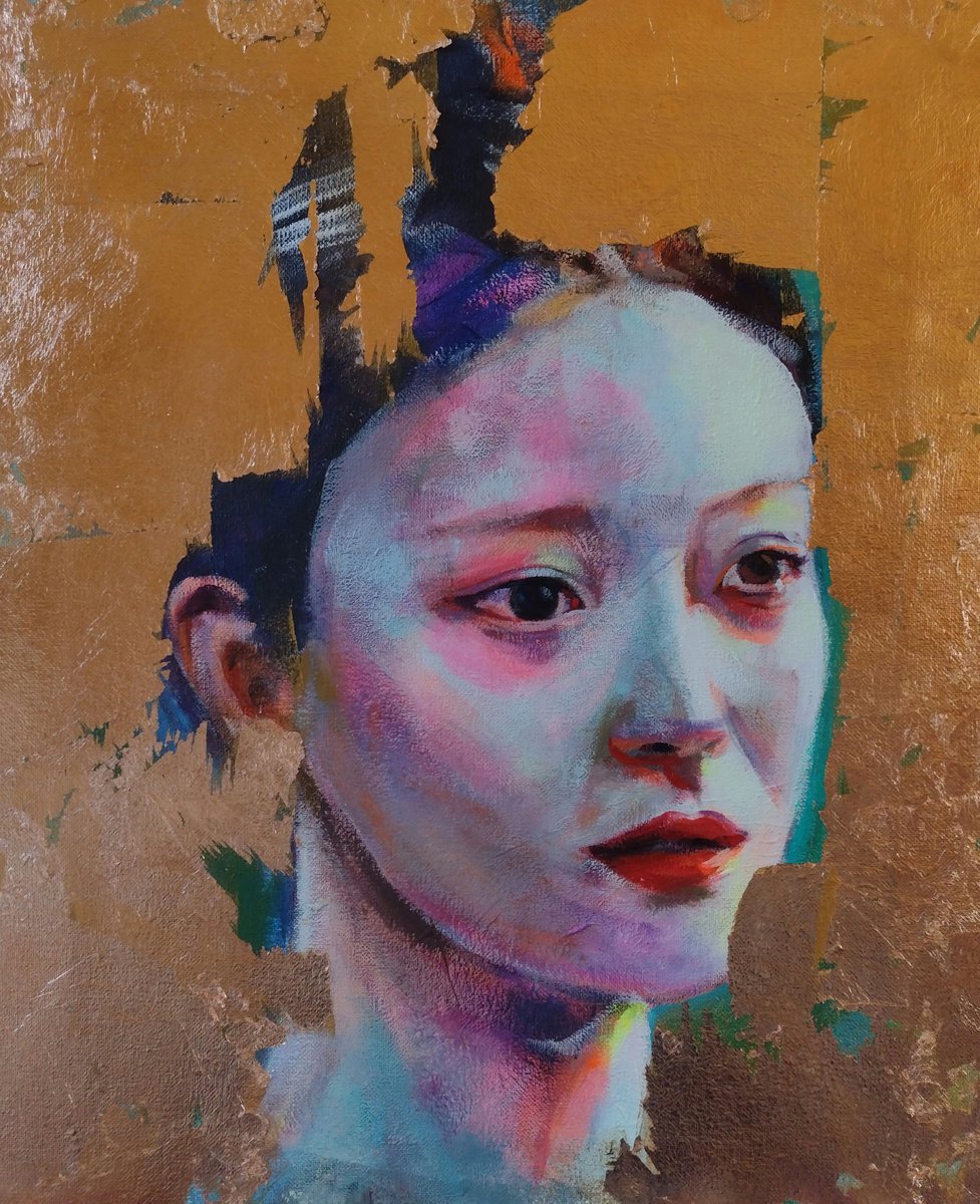 Expressive Portrait Acrylic Painting By Marina Del Pozo, 15 X 18", Out Of The Blue 3, Original Artwork