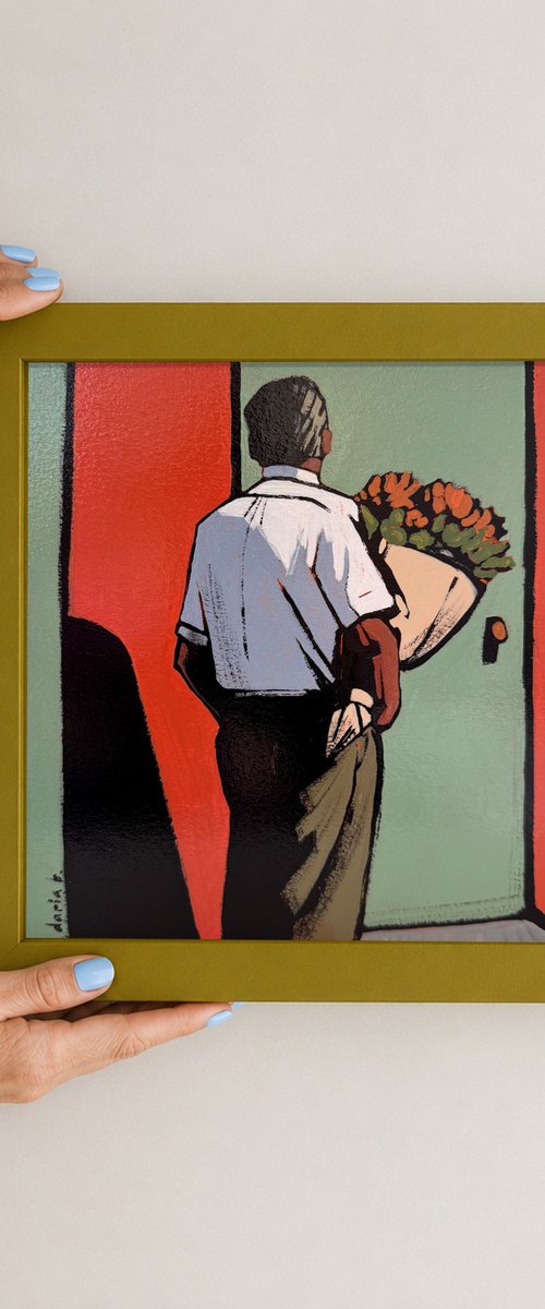 Man with Flowers Small Original Painting by Daria Baklykova