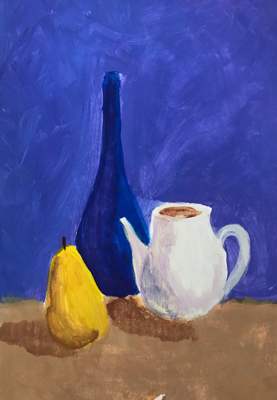 Still life with yellow pear and tepot on blue background