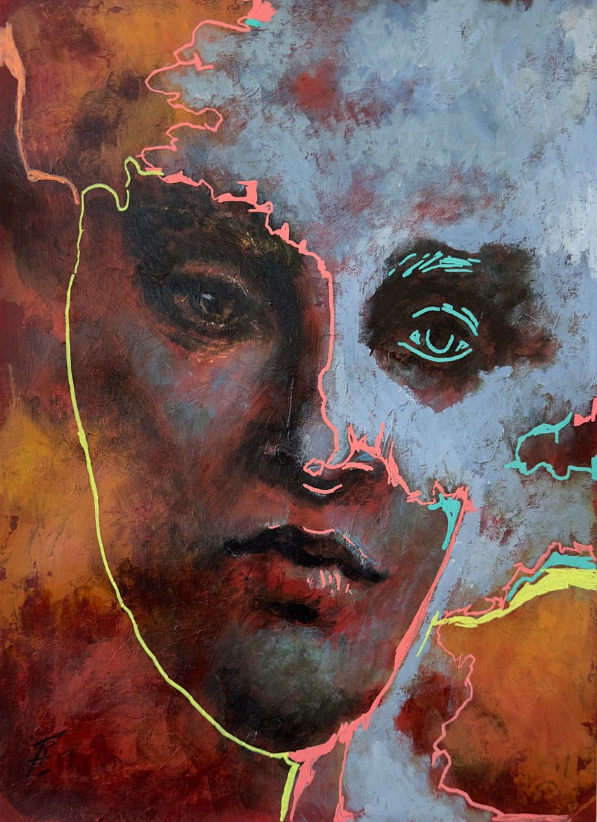 Urban And Pop Portrait Acrylic Painting By Nikola Gulev, 12 X 17", "Palette Of Passion", Original Artwork