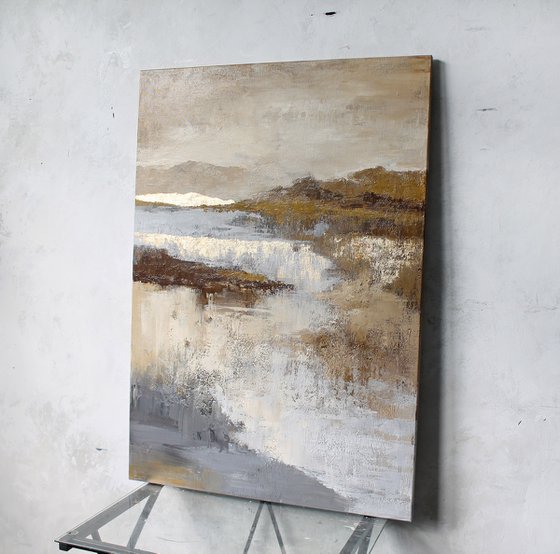 "Mountains" Abstract cream gold acrylic art