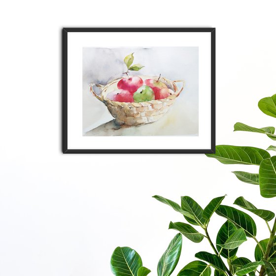 Apples in basket, artwork, watercolor illustration