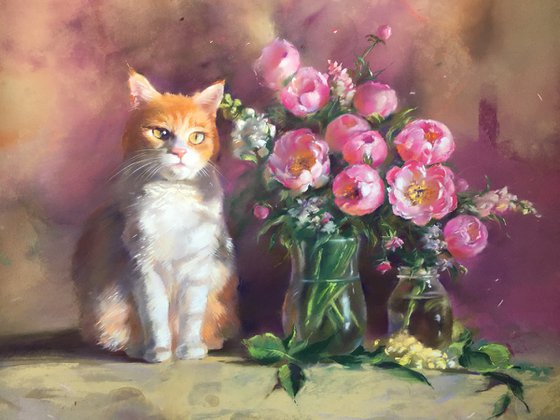 натюрморт с цветами и котом
