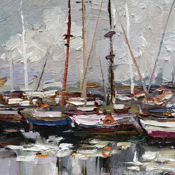 Marina on a rainy day - Original oil painting