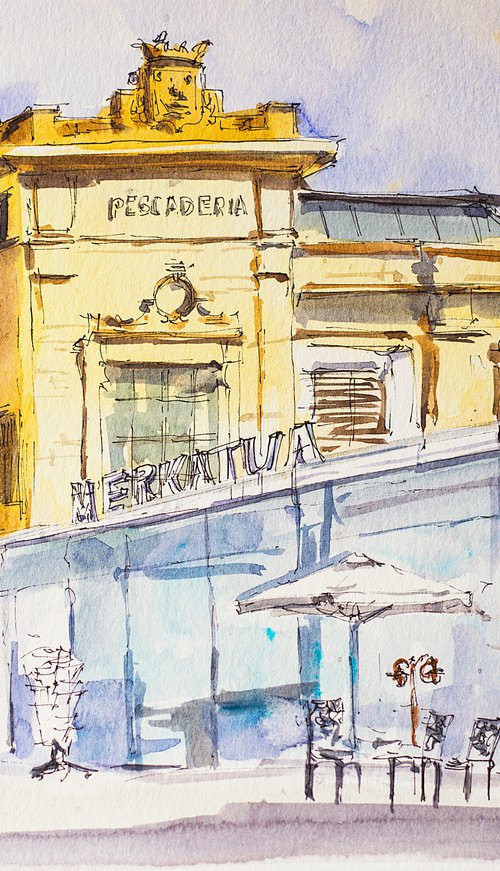 San Sebastian. Street sketch of the market square. URBAN WATERCOLOR LANDSCAPE STUDY ARTWORK SMALL CITY LANDSCAPE SPAIN GIFT IDEA INTERIOR by Sasha Romm