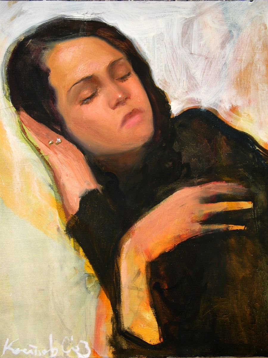 Expressive Portrait Oil Painting By Sergey Kostov, 12 X 15", Portrait Of M (Sad Lady), Original Artwork