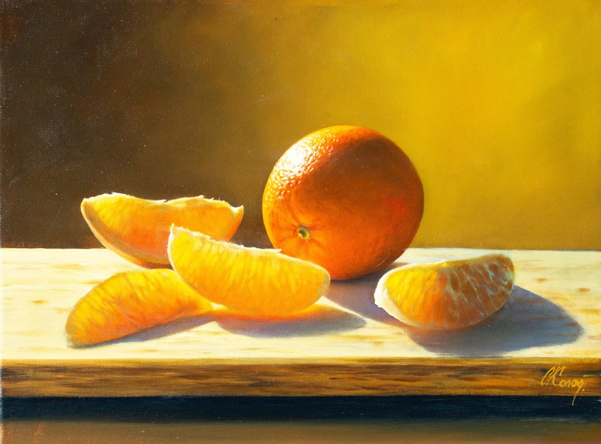 Photorealistic Still Life Oil Painting By Kolodyazhniy Sergey, 16 X 12", Still Life With Orange/16, Original Artwork