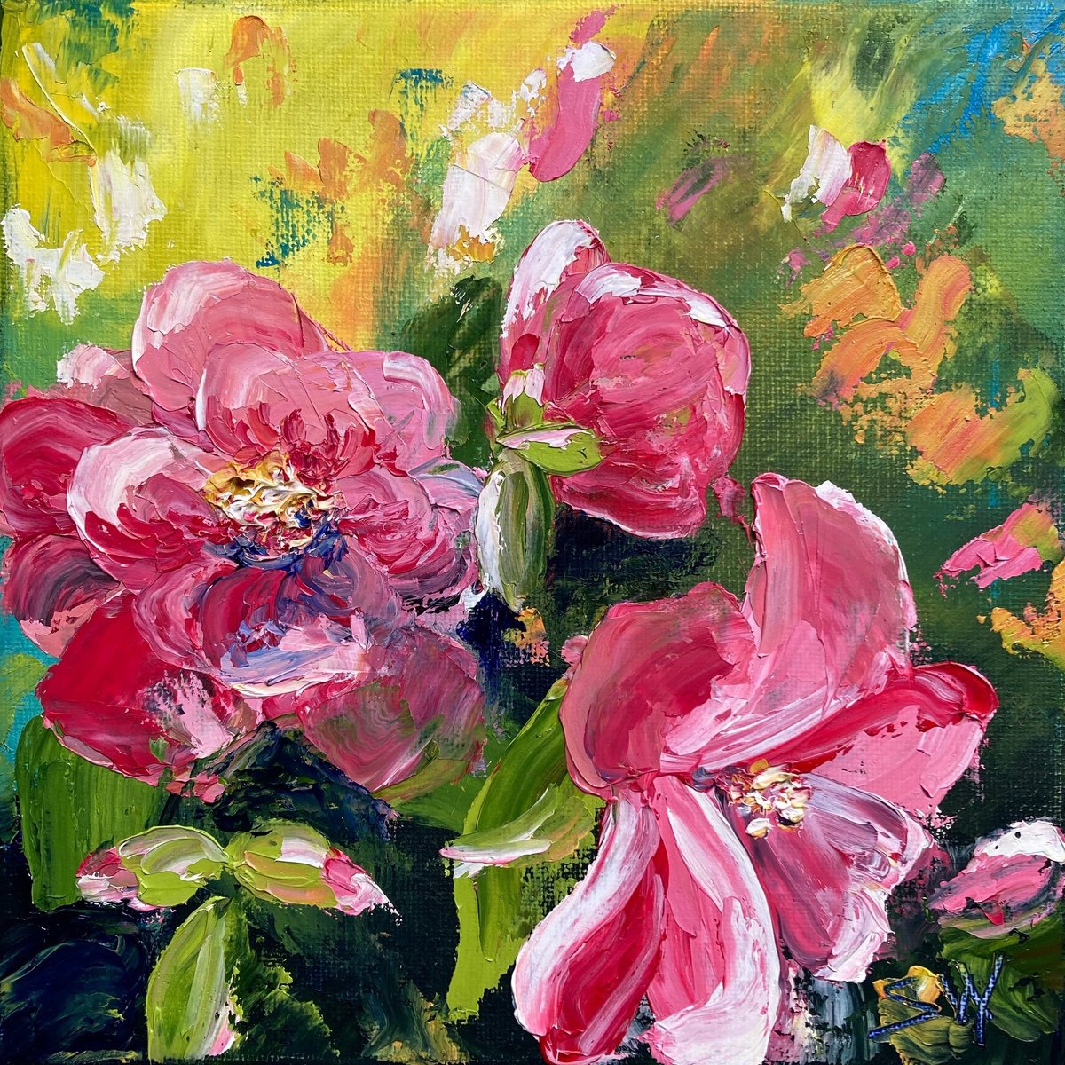 Impressionistic Botanical Oil Painting By Silvie Wright, 8 X 8", Early Spring Camelia, Original Artwork