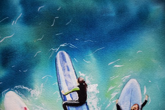 Surf Watercolour Painting, Surfing Sea Ocean Art Original, Boho Summer Wall Art, Gift for Surfer