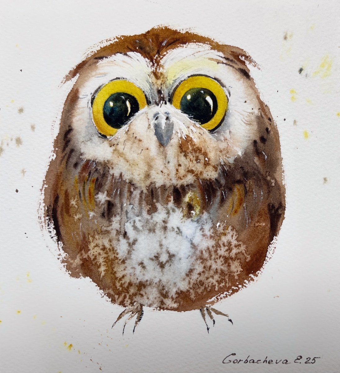 Impressionistic Animal Watercolour By Eugenia Gorbacheva, 7 X 7, Charming Owlet, Original Artwork