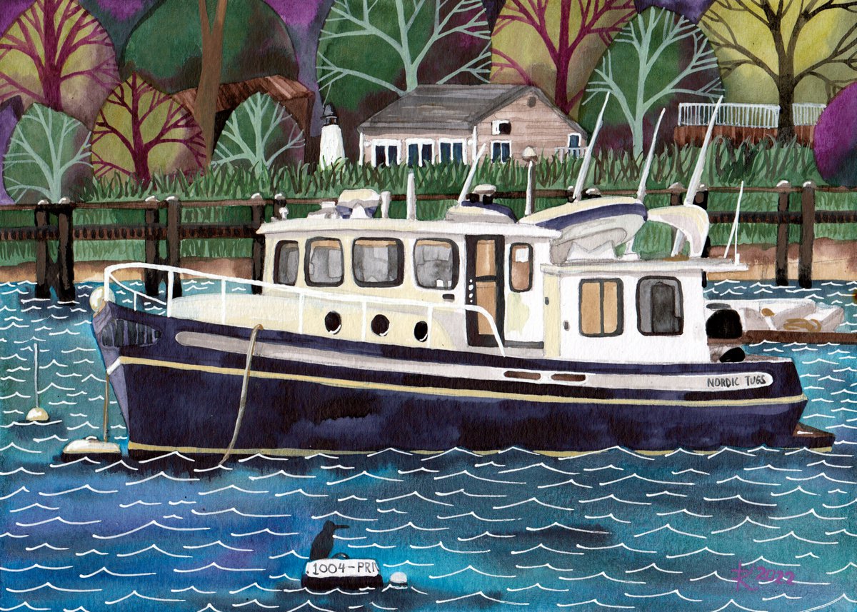 Illustrative Landscape Painting By Terri Smith, 12 X 8", Nordic Tug, Onset, Original Artwork