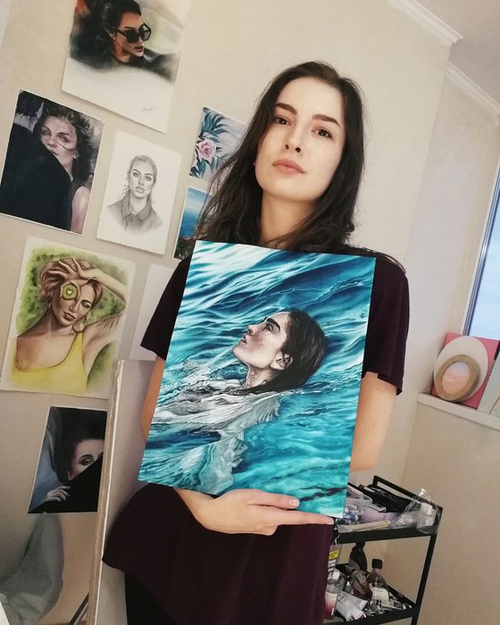 Girl in water | 30*40 cm | melancholic portrait in turquoise water