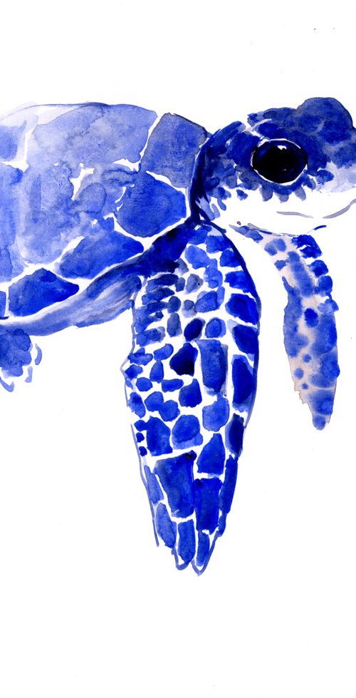 Baby Sea Turtle, Blue sea turtle painting by Suren Nersisyan