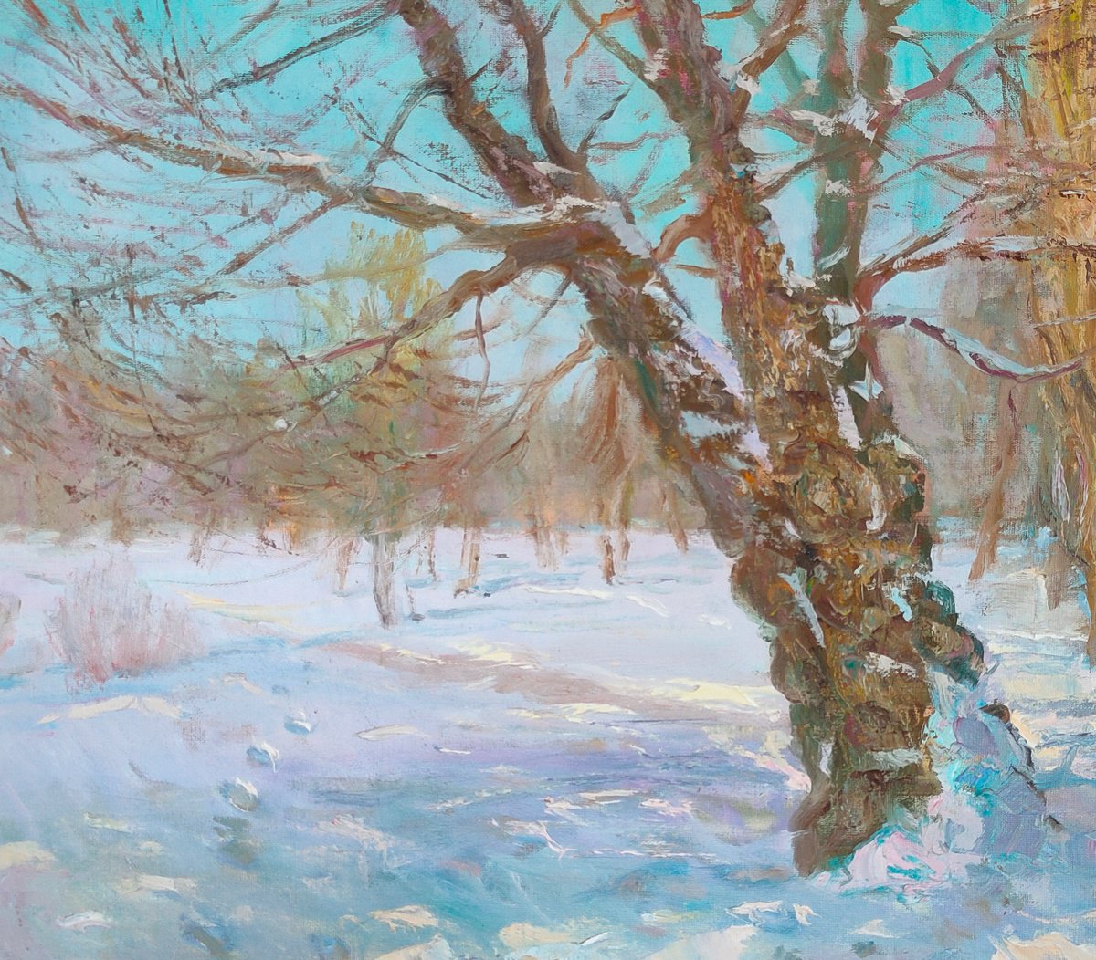 Impressionistic Landscape Oil Painting By Viktor Mishurovskiy, 28 X 20", Snow And Sun, Original Artwork