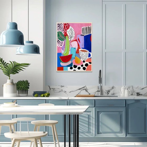 Colorful Still Life with Cups and Fruit