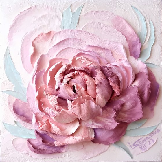 Peony at sunset - flower panel. Small ceramic sculpture 3d flower with pink and purple petals. Tender peony botanical bas- relief. Peonies - 3d painting