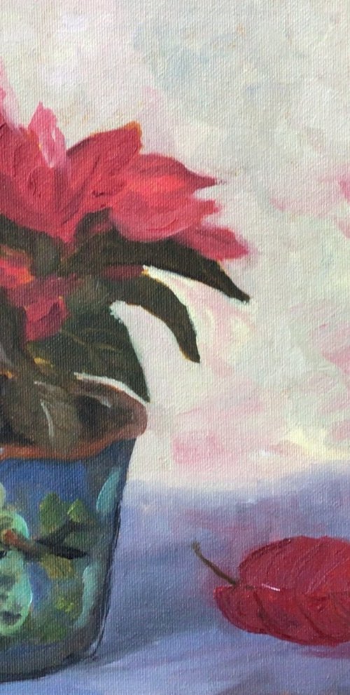 Pot of Poinsettias - An original still life oil painting by Julian Lovegrove Art