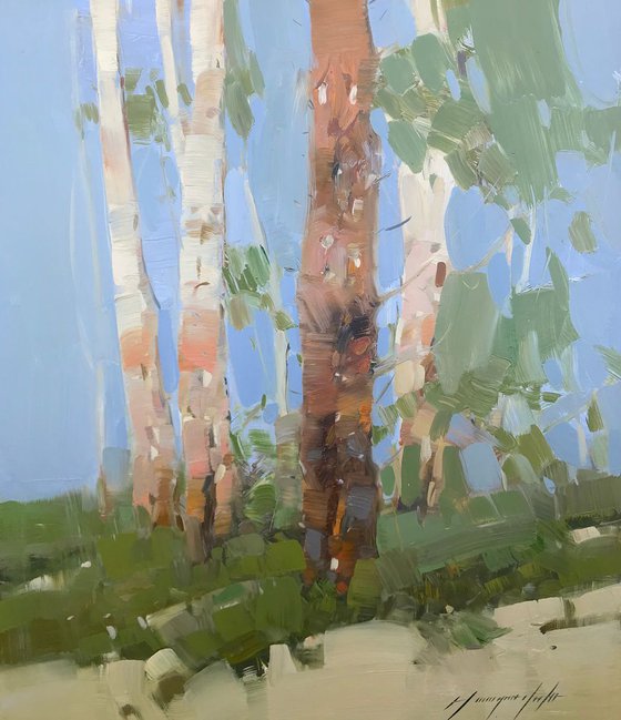 Birches Trees, Landscape oil painting, Handmade artwork,