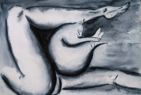 Female Nude Painting Original Art Cat Painting Woman Nude Black Monochrome Wet on Wet Watercolor Artwork Home Wall Art 17 by 12" by Halyna Kirichenko