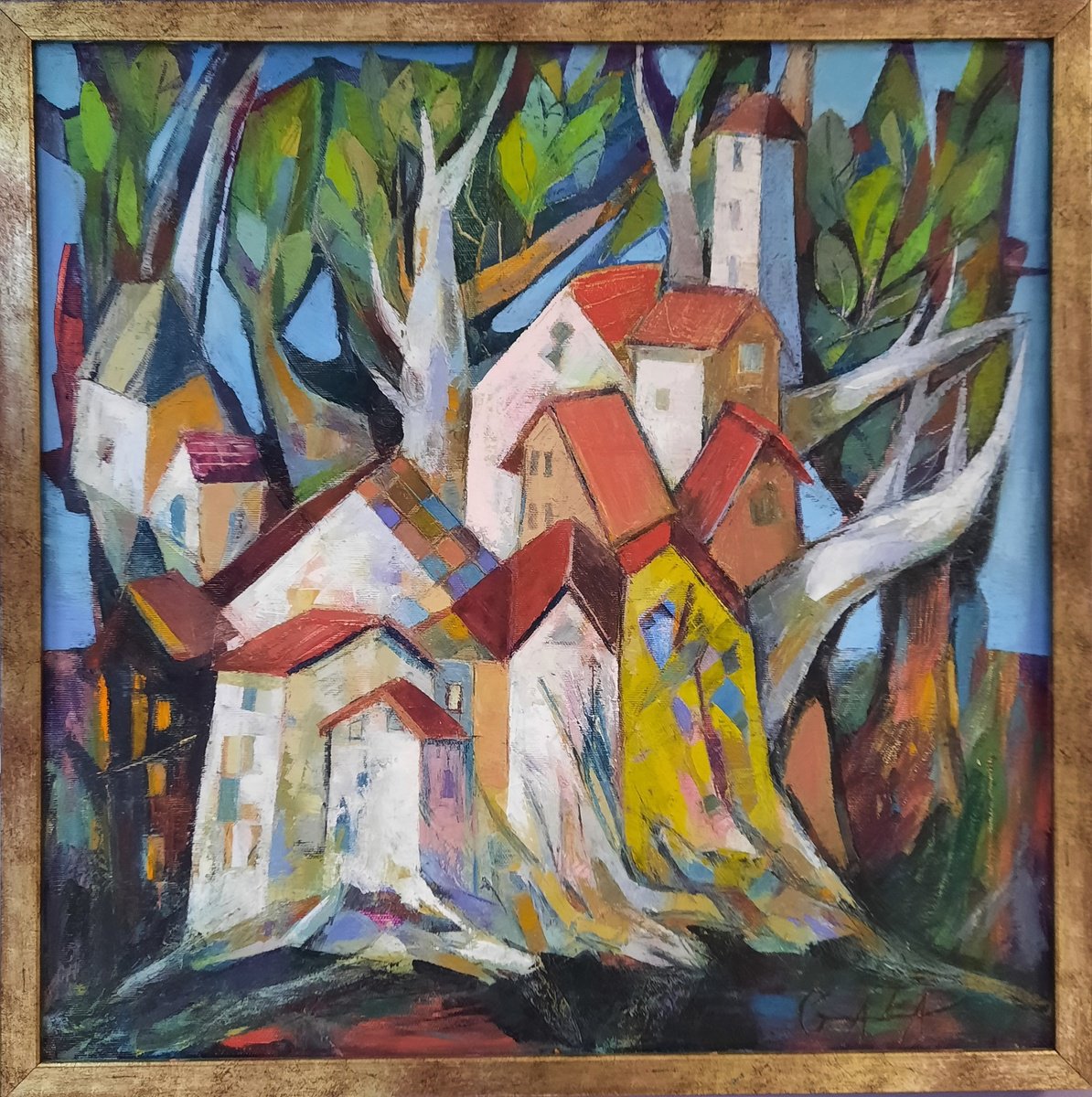 Expressive Landscape Oil Painting By Galya Koleva, 21 X 21, Tree Of Life, Original Artwork