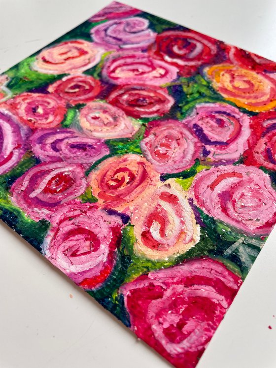 Rose Original Oil Pastel Painting, Valentines Day Gift, Hand Painted Card, Gifts for Her, Spring Floral Wall Art