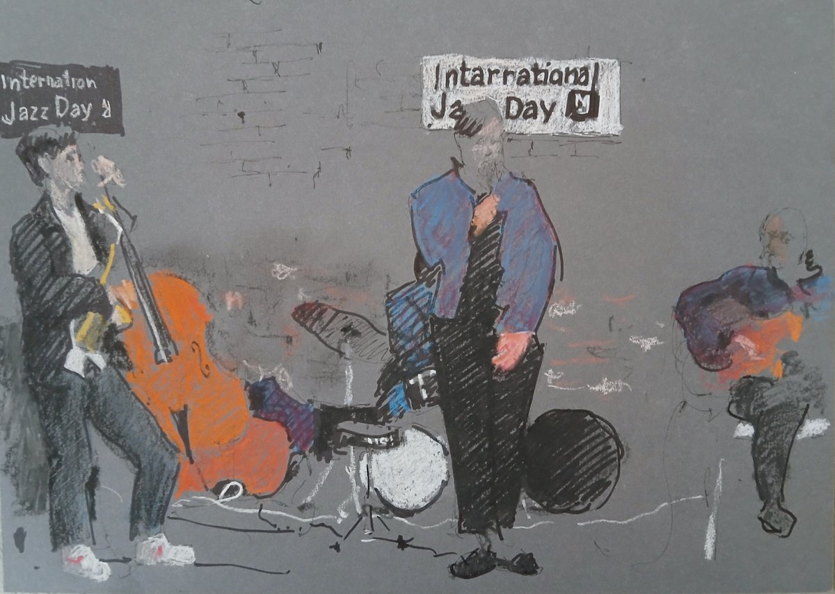 Graphic Cityscapes Pastel Drawing By Vasyl Koval, 12 X 8", International Jazz Day 2, Original Artwork
