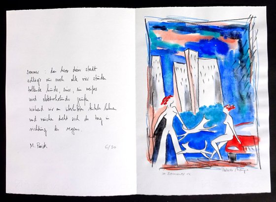 Monika Rinck: Summer, Variant 6 - handwritten poem and gouache