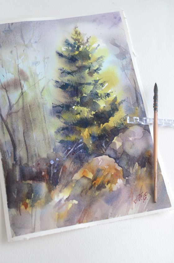 Lush spruce, Evergreen tree, Forest in watercolor