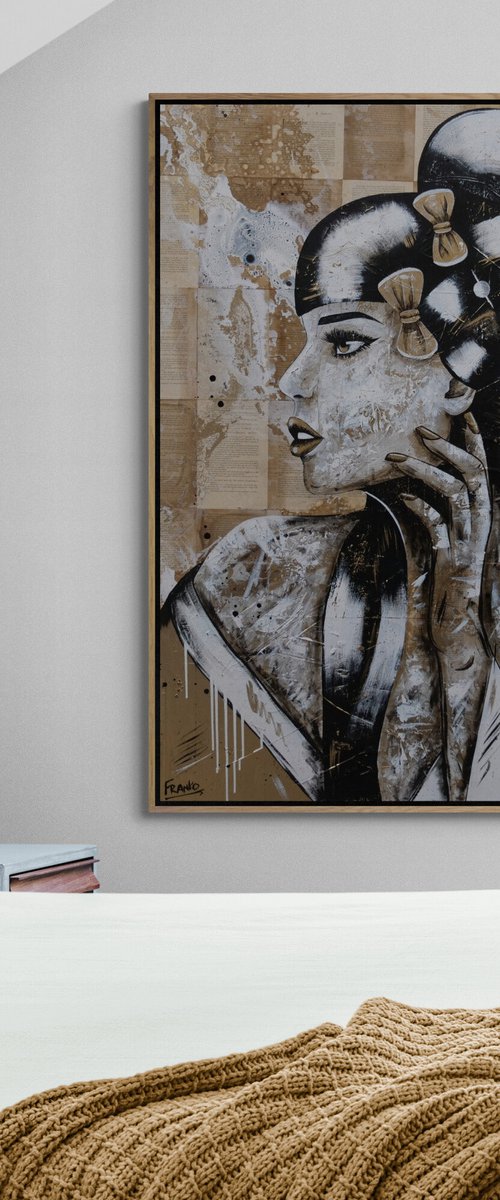 Ojo 120cm x 150cm Geisha Book Page Abstract Realism Art by Franko