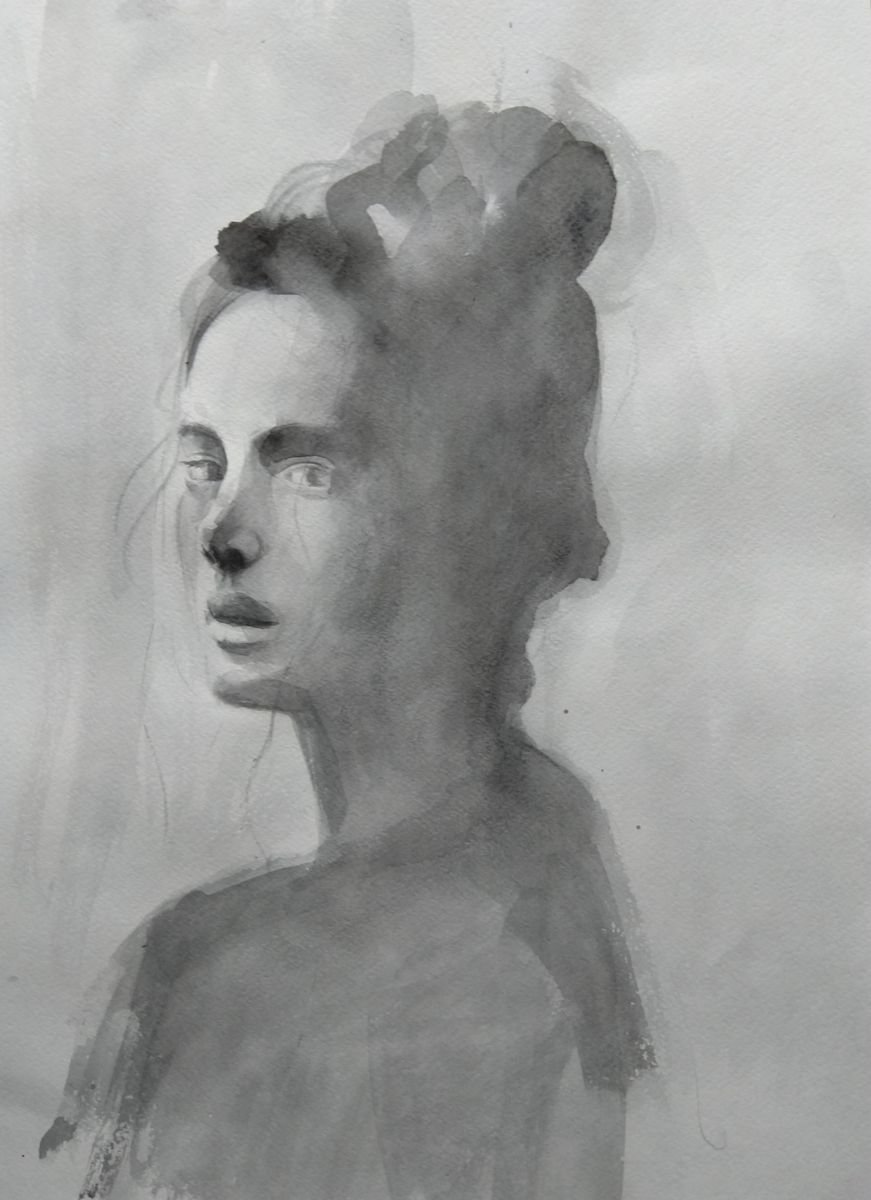 Black white portrait(31x43cm, watercolor, paper) by Kamsar Ohanian