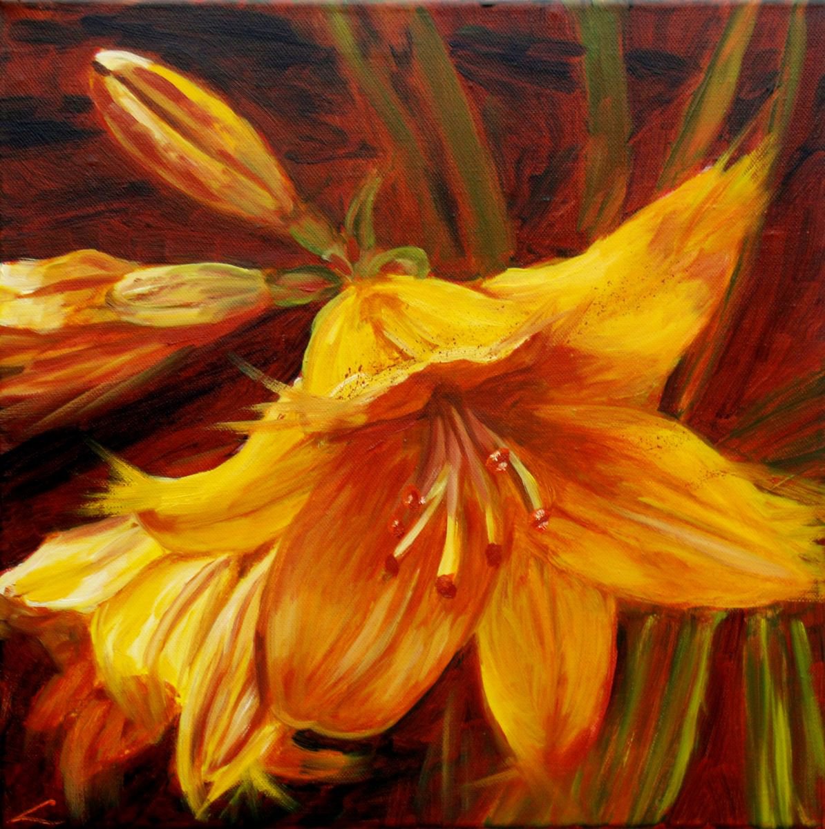 Impressionistic Botanical Oil Painting By Elena Sokolova, 16 X 16, Lily, Original Artwork
