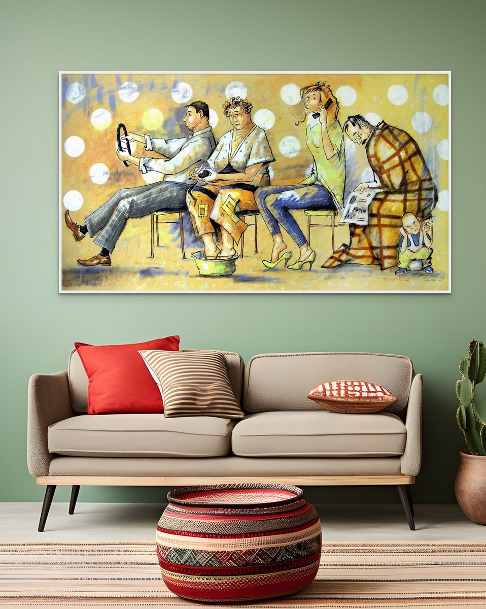 Urban And Pop Portrait Oil Painting By Evgen Semenyuk, 59 X 33, Family Top Gear, Original Artwork