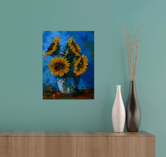 Sunflowers still life painting. Sunflowers in vase