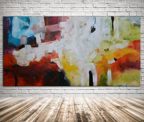 Talking in the Air - Original blue, orange and white long abstract painting