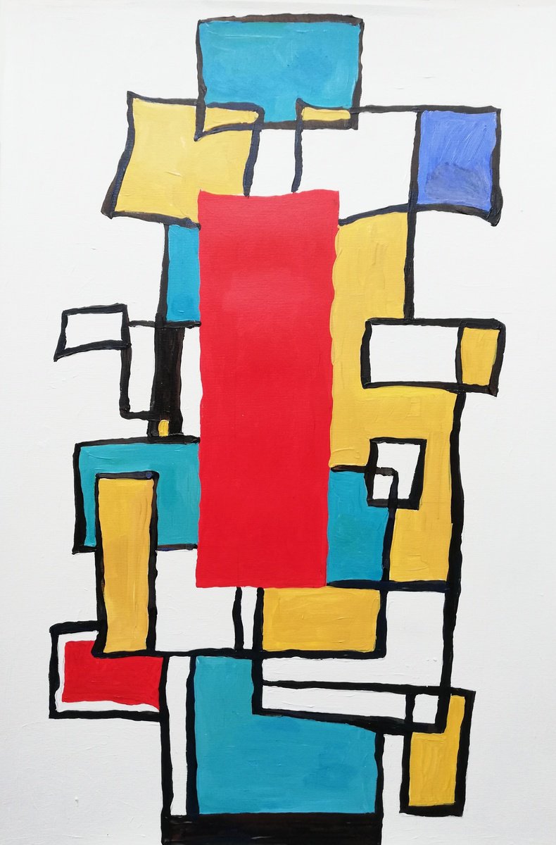 Geometric Abstract Acrylic Painting By Jelena Djokic, 13 X 19, Composition With Red, Original Artwork