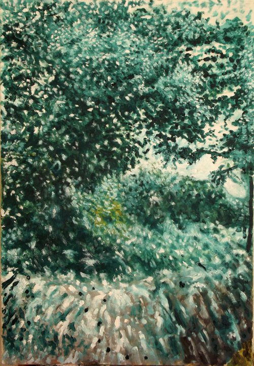 Green Foliage (Corner from my home city) - A side view from my country - Large scale thick oil painting  (70x100 cm) by Wadih Maalouf