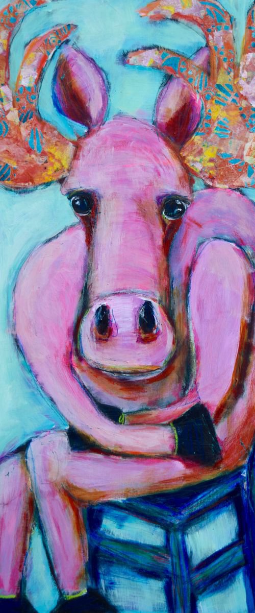 Seated Pink Moose by Lola Jovan