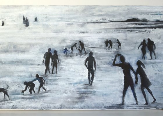 "Human. On the beach",  large oil painting, 100x40x3cm